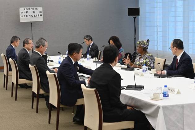 WTO Leader Hold Meetings in Tokyo TOKYO, JAPAN - MAY 20: World Trade Organization Director-General Ngozi Okonjo-Iweala (2nd R) attends a meeting with Japan Business Federation, Keidanren, Chairman Yoshinobu Tsutsui (3rd L) and Japanese business leaders at Keidanren Kaikan in Tokyo, Japan, on May 20, 2026. Keidanren hosted the meeting as part of its follow-up on WTO reform proposals, amid growing concerns over protectionism, trade restrictions and pressure on the rules-based international economic order. David Mareuil Anadolu Tokyo Japan. Editorial use only. Please get in touch for any other usage.  Copyright: x2026xAnadoluxDavidxMareuilx