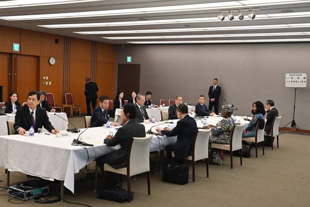 WTO Leader Hold Meetings in Tokyo TOKYO, JAPAN - MAY 20: World Trade Organization Director-General Ngozi Okonjo-Iweala (3rd R) attends a meeting with Japan Business Federation, Keidanren, Chairman Yoshinobu Tsutsui (3rd L) and Japanese business leaders at Keidanren Kaikan in Tokyo, Japan, on May 20, 2026. Keidanren hosted the meeting as part of its follow-up on WTO reform proposals, amid growing concerns over protectionism, trade restrictions and pressure on the rules-based international economic order. David Mareuil Anadolu Tokyo Japan. Editorial use only. Please get in touch for any other usage.  Copyright: x2026xAnadoluxDavidxMareuilx