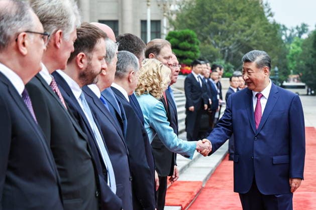 CHINA, BEIJING - MAY 20, 2026: Xi Jinping, President of China, Sergei Lavrov, Foreign Minister of Russia, First Deputy Prime Minister Denis Manturov, and Deputy Prime Minister Tatyana Golikova (R-L) shake hands during a welcoming ceremony in Tiananmen Square. Putin s official visit marks 25 years since the 2001 Treaty of Good Neighbourliness and Friendly Cooperation between Russia and China. Alexander Kazakov Russian Presidential Press and Information Office TASS  92771233