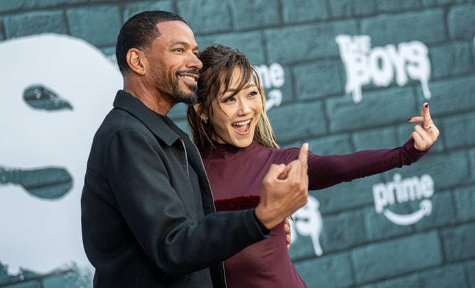 May 19, 2026, Los Angeles, California, United States: Laz Alonso and Karen Fukuhara arrives on the red carpet of the THE BOYS Series Finale Event at the United Theater in Los Angeles California on May 19, 2026. Los Angeles United States - ZUMAt169 20260519_zep_t169_056 Copyright: xConnorxTerryx