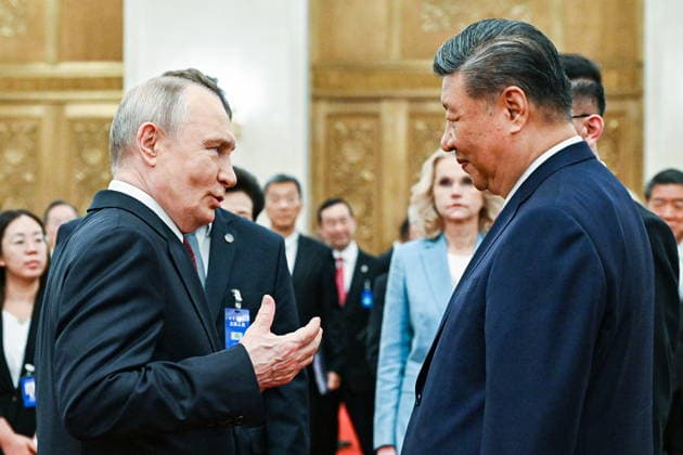 CHINA, BEIJING - MAY 20, 2026: Vladimir Putin, President of Russia, and his counterpart Xi Jinping (L-R front) of China emerge after a ceremony to sign joint documents from bilateral talks at the Great Hall of the People. Putin s official visit marks 25 years since the 2001 Treaty of Good Neighbourliness and Friendly Cooperation between Russia and China. Kristina Solovyova POOL TASS  92772882
