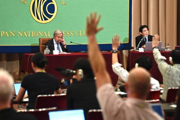 UN Secretary-General Antonio Guterres press conference in Tokyo TOKYO, JAPAN - MAY 20: United Nations Secretary-General Antonio Guterres attends a press conference at the Japan National Press Club in Tokyo, Japan, on May 20, 2026. Guterres, who has led the United Nations since 2017 and is currently serving his second term, has pushed issues including climate action, sustainable development, gender equality and UN reform. David Mareuil Anadolu Tokyo Japan. Editorial use only. Please get in touch for any other usage.  Copyright: x2026xAnadoluxDavidxMareuilx