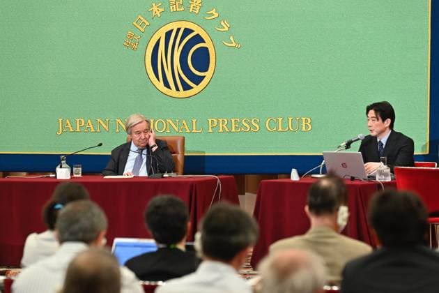 UN Secretary-General Antonio Guterres press conference in Tokyo TOKYO, JAPAN - MAY 20: United Nations Secretary-General Antonio Guterres (L) attends a press conference at the Japan National Press Club in Tokyo, Japan, on May 20, 2026. Guterres, who has led the United Nations since 2017 and is currently serving his second term, has pushed issues including climate action, sustainable development, gender equality and UN reform. David Mareuil Anadolu Tokyo Japan. Editorial use only. Please get in touch for any other usage.  Copyright: x2026xAnadoluxDavidxMareuilx