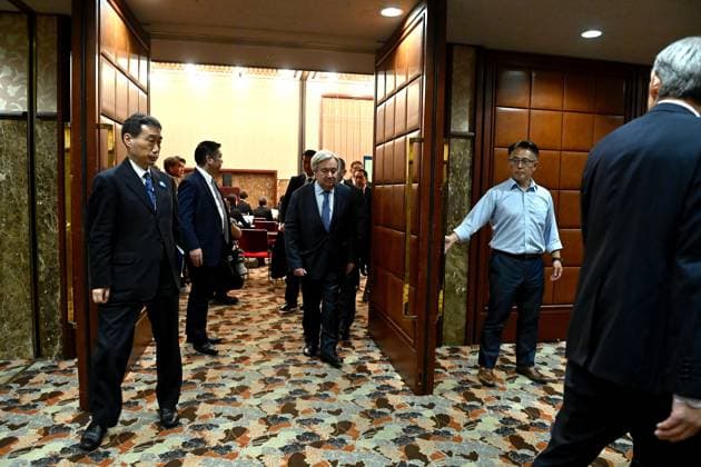 UN Secretary-General Antonio Guterres press conference in Tokyo TOKYO, JAPAN - MAY 20: United Nations Secretary-General Antonio Guterres (C) leaves the press conference room surrounded by security staff after speaking at the Japan National Press Club in Tokyo, Japan, on May 20, 2026. Guterres visited Japan as Tokyo hosted, for the first time in Asia, a meeting of the United Nations System Chief Executives Board for Coordination, and as Japan marks 70 years since joining the United Nations. David Mareuil Anadolu Tokyo Japan. Editorial use only. Please get in touch for any other usage.  Copyright: x2026xAnadoluxDavidxMareuilx
