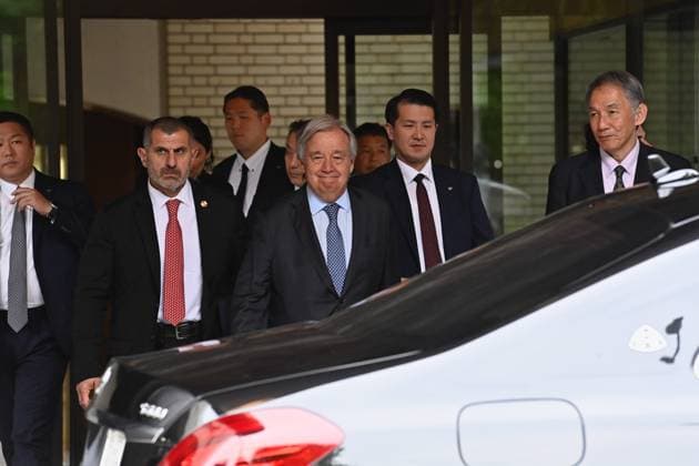 UN Secretary-General Antonio Guterres press conference in Tokyo TOKYO, JAPAN - MAY 20: United Nations Secretary-General Antonio Guterres (C) leaves the Japan Press Center building after a press conference at the Japan National Press Club in Tokyo, Japan, on May 20, 2026. Guterres visited Japan as Tokyo hosted, for the first time in Asia, a meeting of the United Nations System Chief Executives Board for Coordination, and as Japan marks 70 years since joining the United Nations. David Mareuil Anadolu Tokyo Japan. Editorial use only. Please get in touch for any other usage.  Copyright: x2026xAnadoluxDavidxMareuilx