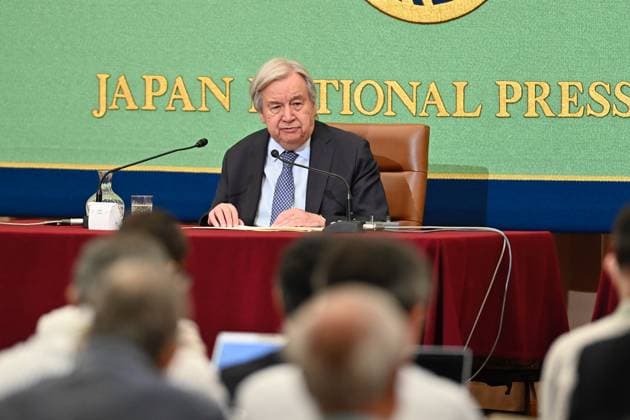 UN Secretary-General Antonio Guterres press conference in Tokyo TOKYO, JAPAN - MAY 20: United Nations Secretary-General Antonio Guterres speaks during a press conference at the Japan National Press Club in Tokyo, Japan, on May 20, 2026. Guterres is visiting Japan as Tokyo hosts, for the first time in Asia, a meeting of the United Nations System Chief Executives Board for Coordination, and as Japan marks 70 years since joining the United Nations. David Mareuil Anadolu Tokyo Japan. Editorial use only. Please get in touch for any other usage.  Copyright: x2026xAnadoluxDavidxMareuilx