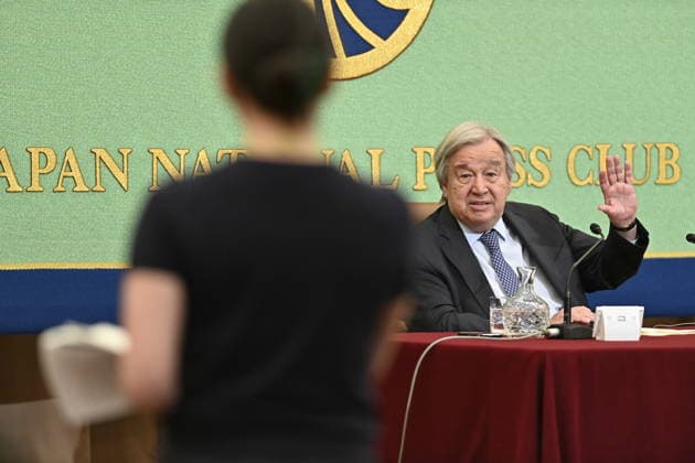 UN Secretary-General Antonio Guterres press conference in Tokyo TOKYO, JAPAN - MAY 20: United Nations Secretary-General Antonio Guterres answers a question from a journalist during a press conference at the Japan National Press Club in Tokyo, Japan, on May 20, 2026. Guterres visited Japan as Tokyo hosted, for the first time in Asia, a meeting of the United Nations System Chief Executives Board for Coordination, and as Japan marks 70 years since joining the United Nations. David Mareuil Anadolu Tokyo Japan. Editorial use only. Please get in touch for any other usage.  Copyright: x2026xAnadoluxDavidxMareuilx