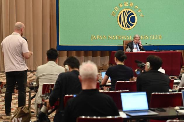 UN Secretary-General Antonio Guterres press conference in Tokyo TOKYO, JAPAN - MAY 20: United Nations Secretary-General Antonio Guterres answers a question from a journalist during a press conference at the Japan National Press Club in Tokyo, Japan, on May 20, 2026. Guterres visited Japan as Tokyo hosted, for the first time in Asia, a meeting of the United Nations System Chief Executives Board for Coordination, and as Japan marks 70 years since joining the United Nations. David Mareuil Anadolu Tokyo Japan. Editorial use only. Please get in touch for any other usage.  Copyright: x2026xAnadoluxDavidxMareuilx