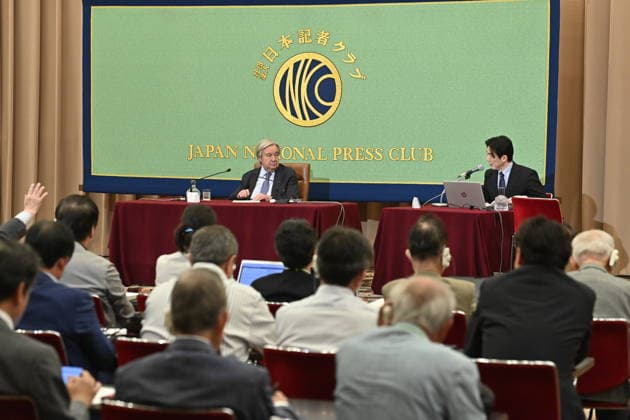 UN Secretary-General Antonio Guterres press conference in Tokyo TOKYO, JAPAN - MAY 20: United Nations Secretary-General Antonio Guterres (L) attends a press conference at the Japan National Press Club in Tokyo, Japan, on May 20, 2026. Guterres, who has led the United Nations since 2017 and is currently serving his second term, has pushed issues including climate action, sustainable development, gender equality and UN reform. David Mareuil Anadolu Tokyo Japan. Editorial use only. Please get in touch for any other usage.  Copyright: x2026xAnadoluxDavidxMareuilx