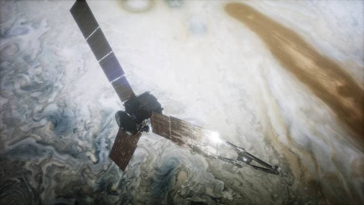 Junosatellit umkreist den Jupiter. Elemente dieses Bildes wurden von der NASA zur Verfügung gestellt Juno sattelite orbiting Jupiter. Elements of this image furnished by NASA Copyright: imageBROKER StanislavxRishnyak ibxiqx17546559.jpg