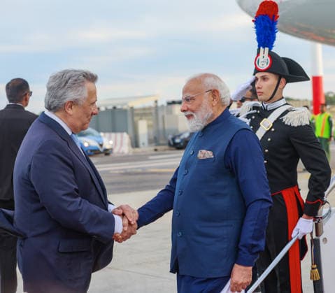 RECORD DATE NOT STATED PM Modi arrives in Rome ahead of formal bilateral talks to further strengthen India-Italy ties Rome Italy , May 20 (ANI): Prime Minister Narendra Modi receives a warm welcome by a delegate upon his arrival, in Rome on Tuesday. (DPR PMO ANI Photo) Rome Italy Copyright: xANIx ANI_20260520054