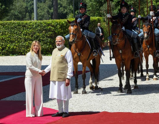 PM Modi attends delegation-level talks with Prime Minister Giorgia Meloni of Italy Rome Italy , May 20 (ANI): Prime Minister Narendra Modi shakes hands with Italian Prime Minister Giorgia Meloni as he arrives to attend delegation-level talks, in Rome on Wednesday. (DPR PMO ANI Photo) Rome Italy Copyright: xANIx ANI_20260520197