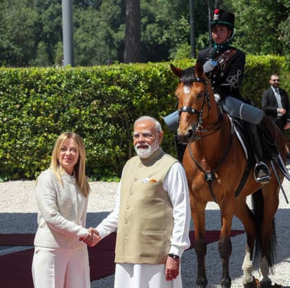 PM Modi attends delegation-level talks with Prime Minister Giorgia Meloni of Italy Rome Italy , May 20 (ANI): Prime Minister Narendra Modi shakes hands with Italian Prime Minister Giorgia Meloni as he arrives to attend delegation-level talks, in Rome on Wednesday. (DPR PMO ANI Photo) Rome Italy Copyright: xANIx ANI_20260520201