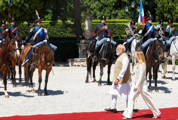 PM Modi attends delegation-level talks with Prime Minister Giorgia Meloni of Italy Rome Italy , May 20 (ANI): Prime Minister Narendra Modi and Italian Prime Minister Giorgia Meloni as he arrives to attend delegation-level talks, in Rome on Wednesday. (DPR PMO ANI Photo) Rome Italy Copyright: xANIx ANI_20260520221