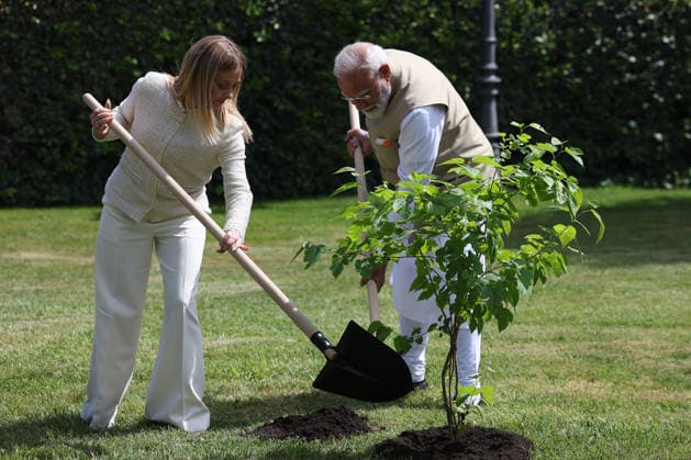 IPA84899059 - Rome, Italy May 20, 2026: Giorgia Meloni with Narendra Modi plant a black mulberry tree donated by Indian Prime Minister . Prime Minister Giorgia Meloni meets with Prime Minister of India Narendra Modi to further strengthen the strategic partnership between Italy and India at Villa Doria Pamphilj for a discussion on economy, innovation, energy and international cooperation.  Copyright: xmarcoxiacobuccix xmarcoxiacobuccix 84899059