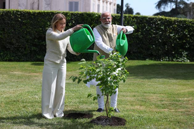 IPA84899180 - Rome, Italy May 20, 2026: Giorgia Meloni with Narendra Modi plant a black mulberry tree donated by Indian Prime Minister . Prime Minister Giorgia Meloni meets with Prime Minister of India Narendra Modi to further strengthen the strategic partnership between Italy and India at Villa Doria Pamphilj for a discussion on economy, innovation, energy and international cooperation.  Copyright: xmarcoxiacobuccix xmarcoxiacobuccix 84899180
