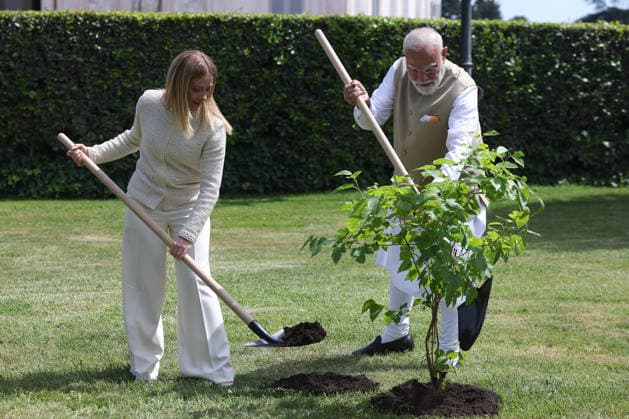IPA84899079 - Rome, Italy May 20, 2026: Giorgia Meloni with Narendra Modi plant a black mulberry tree donated by Indian Prime Minister . Prime Minister Giorgia Meloni meets with Prime Minister of India Narendra Modi to further strengthen the strategic partnership between Italy and India at Villa Doria Pamphilj for a discussion on economy, innovation, energy and international cooperation.  Copyright: xmarcoxiacobuccix xmarcoxiacobuccix 84899079