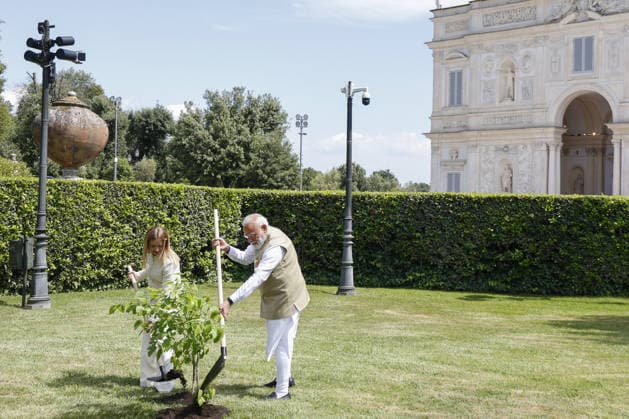 Italian Premier Meloni meets Indian Prime Minister Modi in Rome ROME, ITALY - MAY 20: Italian Prime Minister Giorgia Meloni (L) and Indian Prime Minister Narendra Modi (R) attend the planting of a black mulberry at the end of their meeting at Villa Doria Pamphili in Rome, Italy, on May 20, 2026. Riccardo De Luca Anadolu Rome Italy. Editorial use only. Please get in touch for any other usage.  Copyright: x2026xAnadoluxRiccardoxDexLucax