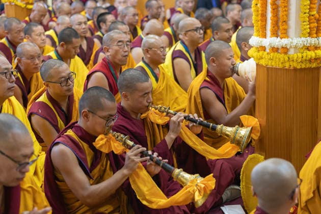May 20, 2026, Palampur, Dharamshala, India: Tibetan Buddhist monk blows tibetan instruments during a Long Life Prayer offered to Tibetan spiritual Leader the Dalai Lama by Central Dokham Chushi Gangdrug and Himalayan Buddhist Cultural Association at the Main Tibetan Temple in Mcleodganj, Dharamshala ..NOTE: EDITORIAL USE ONLY. Palampur India - ZUMAb235 20260520_zip_b235_002 Copyright: xShaileshxBhatnagarx
