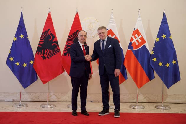 Official state visit of Albanian President Barjam Begaj to Slovakia BRATISLAVA, SLOVAKIA - MAY 20: Slovak Prime Minister Robert Fico (R) welcomes the Albanian President Bajram Begaj (L), at the Government Office in Bratislava, Slovakia, on May 20, 2026. This is the first ever visit by an Albanian head of state to Slovakia, with the aim of establishing more intensive cooperation between the countries. The PM and the President of Albania discussed mutual relations, the situation in the Western Balkans region, as well as current issues of European policy. Zuzana Gogova Anadolu Bratislava Slovakia. Editorial use only. Please get in touch for any other usage.  Copyright: x2026xAnadoluxZuzanaxGogovax