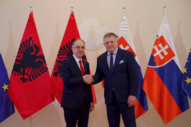 Official state visit of Albanian President Barjam Begaj to Slovakia BRATISLAVA, SLOVAKIA - MAY 20: Slovak Prime Minister Robert Fico (R) welcomes the Albanian President Bajram Begaj (L), at the Government Office in Bratislava, Slovakia, on May 20, 2026. This is the first ever visit by an Albanian head of state to Slovakia, with the aim of establishing more intensive cooperation between the countries. The PM and the President of Albania discussed mutual relations, the situation in the Western Balkans region, as well as current issues of European policy. Zuzana Gogova Anadolu Bratislava Slovakia. Editorial use only. Please get in touch for any other usage.  Copyright: x2026xAnadoluxZuzanaxGogovax