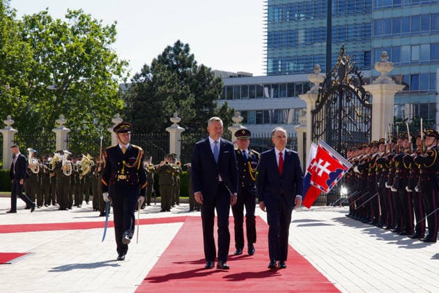 Official state visit of Albanian President Barjam Begaj to Slovakia BRATISLAVA, SLOVAKIA - MAY 20: The President of Slovakia, Peter Pellegrini (L), welcomes the President of Albania, Bajram Begaj (R) who arrived on an official visit in Bratislava, Slovakia on May 20, 2026. This is the first ever visit by an Albanian head of state to Slovakia, with the aim of establishing more intensive cooperation between the countries. Zuzana Gogova Anadolu Bratislava Slovakia. Editorial use only. Please get in touch for any other usage.  Copyright: x2026xAnadoluxZuzanaxGogovax