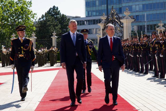 Official state visit of Albanian President Barjam Begaj to Slovakia BRATISLAVA, SLOVAKIA - MAY 20: The President of Slovakia, Peter Pellegrini (L), welcomes the President of Albania, Bajram Begaj (R) who arrived on an official visit in Bratislava, Slovakia on May 20, 2026. This is the first ever visit by an Albanian head of state to Slovakia, with the aim of establishing more intensive cooperation between the countries. Zuzana Gogova Anadolu Bratislava Slovakia. Editorial use only. Please get in touch for any other usage.  Copyright: x2026xAnadoluxZuzanaxGogovax