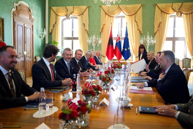 Official state visit of Albanian President Barjam Begaj to Slovakia BRATISLAVA, SLOVAKIA - MAY 20: The President of Slovakia, Peter Pellegrini (3rd L) meets with the President of Albania, Bajram Begaj who arrived on an official visit in Bratislava, Slovakia on May 20, 2026. This is the first ever visit by an Albanian head of state to Slovakia, with the aim of establishing more intensive cooperation between the countries. Zuzana Gogova Anadolu Bratislava Slovakia. Editorial use only. Please get in touch for any other usage.  Copyright: x2026xAnadoluxZuzanaxGogovax