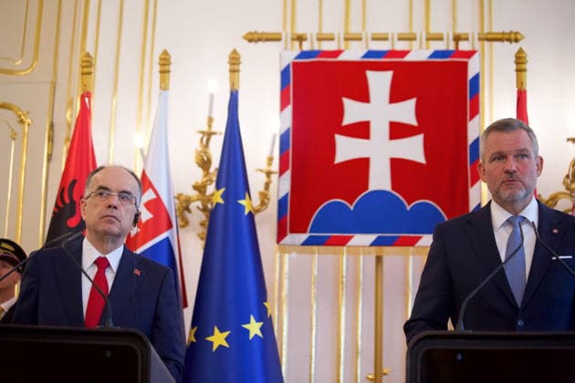 Official state visit of Albanian President Barjam Begaj to Slovakia BRATISLAVA, SLOVAKIA - MAY 20: The President of Slovakia Peter Pellegrini (R) and Albanian President Bajram Begaj (L) hold a joint press conference after their meeting in Bratislava, Slovakia on May 20, 2026. This is the first ever visit by an Albanian head of state to Slovakia, with the aim of establishing more intensive cooperation between the countries. Zuzana Gogova Anadolu Bratislava Slovakia. Editorial use only. Please get in touch for any other usage.  Copyright: x2026xAnadoluxZuzanaxGogovax