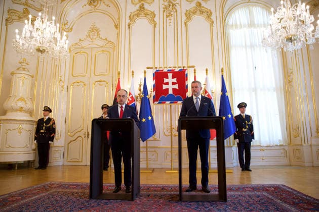 Official state visit of Albanian President Barjam Begaj to Slovakia BRATISLAVA, SLOVAKIA - MAY 20: The President of Slovakia Peter Pellegrini (R) and Albanian President Bajram Begaj (L) hold a joint press conference after their meeting in Bratislava, Slovakia on May 20, 2026. This is the first ever visit by an Albanian head of state to Slovakia, with the aim of establishing more intensive cooperation between the countries. Zuzana Gogova Anadolu Bratislava Slovakia. Editorial use only. Please get in touch for any other usage.  Copyright: x2026xAnadoluxZuzanaxGogovax