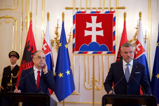 Official state visit of Albanian President Barjam Begaj to Slovakia BRATISLAVA, SLOVAKIA - MAY 20: The President of Slovakia Peter Pellegrini (R) and Albanian President Bajram Begaj (L) hold a joint press conference after their meeting in Bratislava, Slovakia on May 20, 2026. This is the first ever visit by an Albanian head of state to Slovakia, with the aim of establishing more intensive cooperation between the countries. Zuzana Gogova Anadolu Bratislava Slovakia. Editorial use only. Please get in touch for any other usage.  Copyright: x2026xAnadoluxZuzanaxGogovax