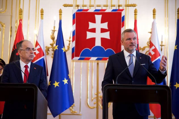 Official state visit of Albanian President Barjam Begaj to Slovakia BRATISLAVA, SLOVAKIA - MAY 20: The President of Slovakia Peter Pellegrini (R) and Albanian President Bajram Begaj (L) hold a joint press conference after their meeting in Bratislava, Slovakia on May 20, 2026. This is the first ever visit by an Albanian head of state to Slovakia, with the aim of establishing more intensive cooperation between the countries. Zuzana Gogova Anadolu Bratislava Slovakia. Editorial use only. Please get in touch for any other usage.  Copyright: x2026xAnadoluxZuzanaxGogovax