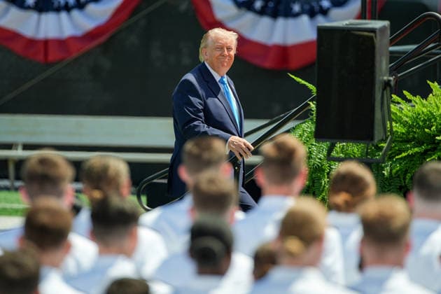 President Donald Trump arrives for the United States Coast Guard Academy s graduation ceremony in New London, Connecticut on Wednesday, May 20, 2026. Trump will deliver the commencement address.  CONN20260520437 ANGELINAxKATSANIS