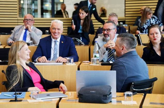Plenum Thueringer Landtag 20.05.2026, Erfurt, Thueringer Landtag, 43.Plenarsitzung, im Bild: Wiebke Muhsal, Juergen Treutler, Joerg Prophet, Sascha Schloesser und Nadine Hoffmann (AfD) *** Plenary session Thuringian state parliament 20 05 2026, Erfurt, Thuringian state parliament, 43 plenary session, in the picture Wiebke Muhsal, Juergen Treutler, Joerg Prophet, Sascha Schloesser and Nadine Hoffmann AfD