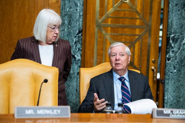 Senate Reconciliation Bill Markup UNITED STATES - MAY 20: Chairman Sen. Lindsey Graham, R-S.C., and Sen. Patty Murray, D-Wash., arrive for the Senate Budget Committee markup of The Reconciliation Bill Pursuant to S.Con.Res.33, in Dirksen building on Wednesday, May 20, 2026. (Tom Williams CQ Roll Call) Washington DC United States EDITORIAL USE ONLY Copyright: x2026xCQ-RollxCall,xInc.x TomxWilliamsx rollcallpix171144