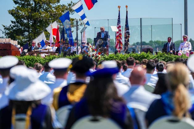 President Donald Trump delivers the commencement address during the United States Coast Guard Academy s graduation ceremony in New London, Connecticut on Wednesday, May 20, 2026.  CONN20260520450 ANGELINAxKATSANIS