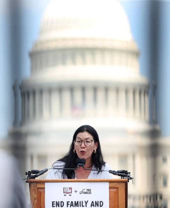 May 20, 2026, Washington, District Of Columbia, USA: President, National Domestic Workers Alliance, Ai-jen Poo, speaks during a Vigil outside the US Capitol calling for an end to child and family detention by ICE, hosted by the Read Them Home Initiative and Free Families Coalition, in Washington, DC, USA, on May 20, 2026. The vigil featured 620 teddy bears and stuffed animals to represent the over 6,200 children arrested by ICE and denied a childhood since the start of the Trump Administration. Washington USA - ZUMAs337 20260520_znp_s337_018 Copyright: xGentxShkullakux