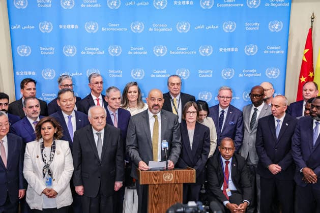 May 20, 2026, New York, New York, USA: WALID OBEIDAT, Permanent Representative of Jordan to the United Nations, speaks at the Security Council stakeout at UNHQ before a Security Council meeting on the Protection of Civilians in Armed Conflict, on behalf of the founding states of the Global Initiative to Galvanize Political Commitment to International Humanitarian Law, as MIRJANA SPOLJARIC, President of the International Committee of the Red Cross, stands alongside representatives of member states in support. New York USA  - ZUMAo116 20260520_znp_o116_011 Copyright: xBiancaxOterox