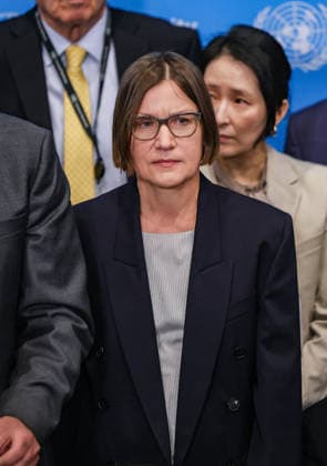 May 20, 2026, New York, New York, USA: MIRJANA SPOLJARIC, President of the International Committee of the Red Cross, stood alongside representatives of member states in support as WALID OBEIDAT, Permanent Representative of Jordan to the United Nations, greets supporters at the Security Council stakeout at UNHQ before a Security Council meeting on the Protection of Civilians in Armed Conflict, on behalf of the founding states of the Global Initiative to Galvanize Political Commitment to International Humanitarian Law. New York USA - ZUMAo116 20260520_znp_o116_015 Copyright: xBiancaxOterox