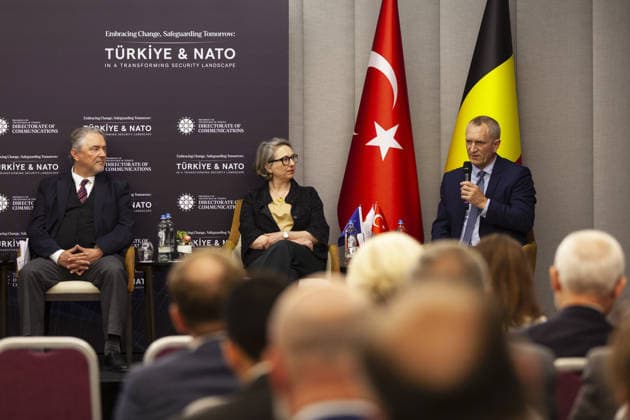 Turkiye - NATO panel held in Brussels BRUSSELS, BELGIUM - MAY 20: Belgian Air Force Strategy Director Major General Harold Van Pee (R), Deputy Assistant Secretary General (DASG) for Operations, Burcu San (C) and Turkiye’s Permanent Representative to NATO Ambassador Basat Ozturk (L) attend a panel titled Embracing Change, Safeguarding Tomorrow: Turkiye - NATO in a Changing Security Landscape, organized by the Directorate of Communications of the Republic of Turkiye in Brussels, Belgium on May 20, 2026. Nicolas Landemard Anadolu Brussels Belgium. Editorial use only. Please get in touch for any other usage.  Copyright: x2026xAnadoluxNicolasxLandemardx