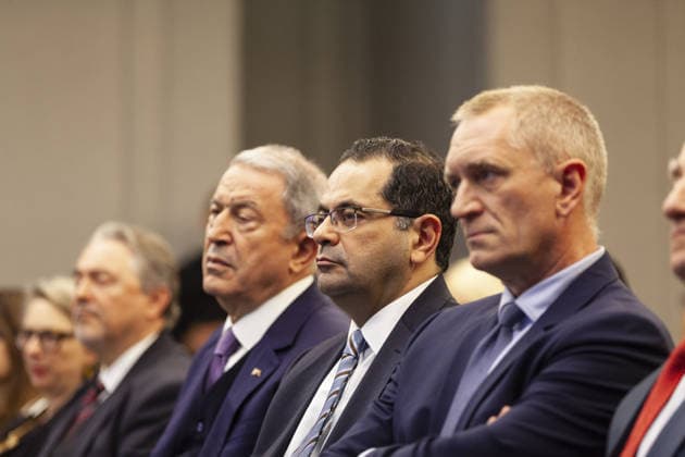 Turkiye - NATO panel held in Brussels BRUSSELS, BELGIUM - MAY 20: Chairman of the Turkish Grand National Assembly National Defense Commission and former Turkish Minister of National Defense Hulusi Akar (L), Hasan Kalyoncu University faculty member and SETA Senior Researcher Dr. Murat Aslan (C) and Belgian Air Force Strategy Director Major General Harold Van Pee (R) attend a panel titled Embracing Change, Safeguarding Tomorrow: Turkiye - NATO in a Changing Security Landscape, organized by the Directorate of Communications of the Republic of Turkiye in Brussels, Belgium on May 20, 2026. Nicolas Landemard Anadolu Brussels Belgium. Editorial use only. Please get in touch for any other usage.  Copyright: x2026xAnadoluxNicolasxLandemardx