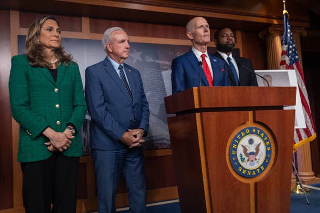 Florida GOP holds press conference on Cuba WASHINGTON, DC - MAY 20: Senator Rick Scott (2nd R) speaks at a press conference with Congressman Byron Donalds (R), Congressman Carlos Gimenez (2nd L) and Congresswoman Maria Salazar (L) to discuss the Department of Justice’s indictment of Raul Castro, at the U.S. Capitol in Washington, DC on May 20, 2026. Nathan Posner Anadolu Washington United States. Editorial use only. Please get in touch for any other usage.  Copyright: x2026xAnadoluxNathanxPosnerx