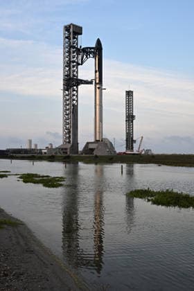 The SpaceX Super Heavy Booster and Starship spacecraft stand on Orbital Launch Pad 2 at Starbase, Texas during the early evening on Wednesday May 20, 2026. SpaceX remains on schedule so far for a launch attempt on Thursday, May 21. SpaceX is monitoring all the upgrades made on the new pad, the booster and Starship. The launch window will open at 5:30 PM.  SBP20260520003 JOExMARINO