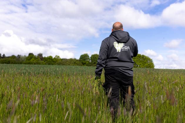 Zollernalb, Kitzrettung mit dem Kitz-Retter Neckar-Alb e.V., 21.05.2026 Ein Kitzretter steht mit Gras in den Haenden auf eine Wiese auf der Suche nach einem Kitz *** Zollernalb, fawn rescue with the Kitz Retter Neckar Alb e V , 21 05 2026 A fawn rescuer stands in a meadow with grass in his hands looking for a fawn