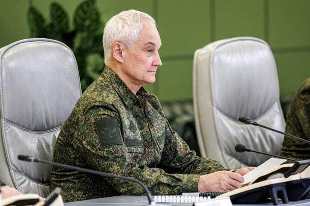 RUSSIA - MAY 21, 2026: Russia s Defence Minister Andrei Belousov takes part in a nuclear exercise held by the Russian and Belarusian Armed Forces, via a video link. Vadim Savitsky Russian Defence Ministry Press Office TASS  92832621
