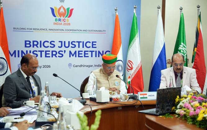 RECORD DATE NOT STATED Arjun Ram Meghwal addresses the opening session of the two-day BRICS Justice Ministers™ Meeting 2026 Gandhinagar, May 21 (ANI): Union Minister of State (I C) for Law and Justice, Arjun Ram Meghwal, addresses the opening session of the two-day BRICS Justice Ministers™ Meeting 2026, in Gandhinagar on Thursday. (@arjunrammeghwal X ANI Photo) Gandhinagar Gujarat India Copyright: xANIx ANI_20260521284