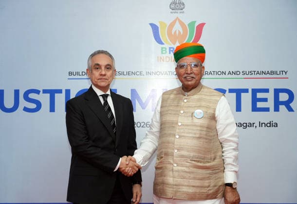 RECORD DATE NOT STATED Arjun Ram Meghwal welcomes delegates for the BRICS Justice Ministers™ Meeting 2026 Gandhinagar, May 21 (ANI): Union Minister of State (I C) for Law and Justice, Arjun Ram Meghwal welcomes a delegate for the BRICS Justice Ministers™ Meeting 2026, in Gandhinagar on Thursday. (@arjunrammeghwal X ANI Photo) Gandhinagar Gujarat India Copyright: xANIx ANI_20260521293