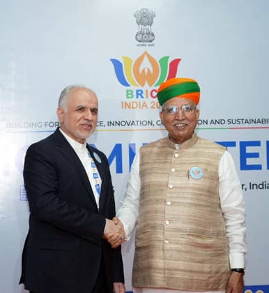 RECORD DATE NOT STATED Arjun Ram Meghwal welcomes delegates for the BRICS Justice Ministers™ Meeting 2026 Gandhinagar, May 21 (ANI): Union Minister of State (I C) for Law and Justice, Arjun Ram Meghwal welcomes a delegate for the BRICS Justice Ministers™ Meeting 2026, in Gandhinagar on Thursday. (@arjunrammeghwal X ANI Photo) Gandhinagar Gujarat India Copyright: xANIx ANI_20260521294