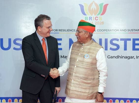 RECORD DATE NOT STATED Arjun Ram Meghwal welcomes delegates for the BRICS Justice Ministers™ Meeting 2026 Gandhinagar, May 21 (ANI): Union Minister of State (I C) for Law and Justice, Arjun Ram Meghwal welcomes a delegate for the BRICS Justice Ministers™ Meeting 2026, in Gandhinagar on Thursday. (@arjunrammeghwal X ANI Photo) Gandhinagar Gujarat India Copyright: xANIx ANI_20260521296