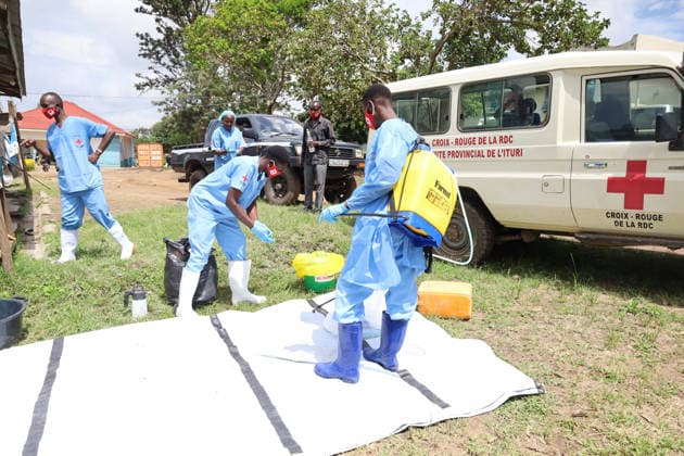 (260521) -- BUNIA, May 21, 2026 -- Medical worker disinfect equipments before the burial of a suspected Ebola victim in Bunia, Ituri Province, the Democratic Republic of the Congo, on May 21, 2026. The outbreak, initially reported in Ituri Province, has now affected North Kivu and South Kivu, while two confirmed cases have also been reported in the neighboring country of Uganda. ( Xinhua) DR CONGO-ITURI-EBOLA OUTBREAK str 